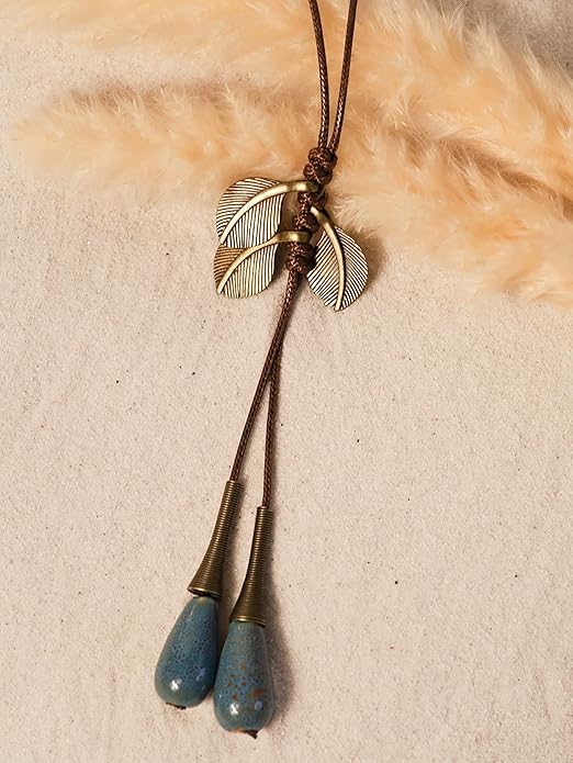 MINACHI Vintage Bohemian Leaf Charm Colorful Ceramic Bead Long Y Necklace, Boho Jewelry Gift for Women
