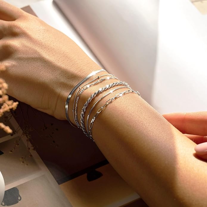 DEARMAY Dainty Silver Plated Bracelets for Women Trendy, Silver Jewelry Set for Women Bracelets for Women Paperclip Box Herringbone Figaro Rope Chain Bracelet Fashion Pack Gifts for Women