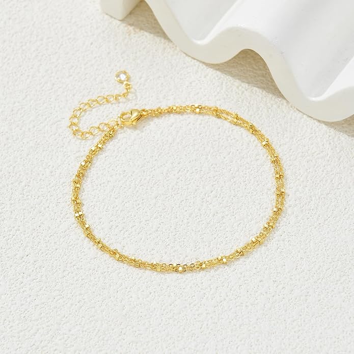 iF YOU Gold Ankle Bracelets for Women, 14k Gold Plated Waterproof Cuban Link Chain Anklets Set, Layered Anklet Bracelets for Women Beach Gift Adjustable Size 5pc