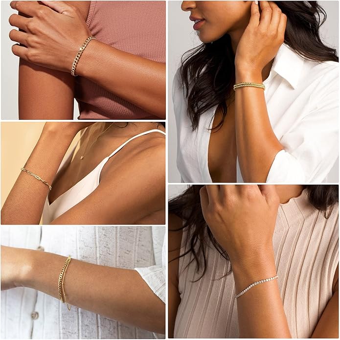 DEARMAY Dainty Silver Plated Bracelets for Women Trendy, Silver Jewelry Set for Women Bracelets for Women Paperclip Box Herringbone Figaro Rope Chain Bracelet Fashion Pack Gifts for Women