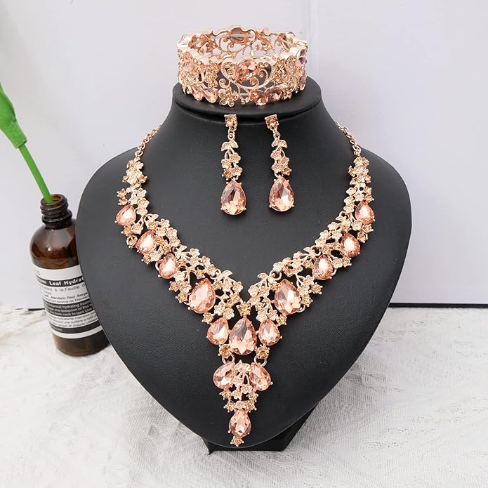 CSY Elegant Crystal Costume Jewelry Sets Flower Bridal Necklace Earrings Stretch Bangle Set for Bride Bridesmaid Wedding Dress Accessories