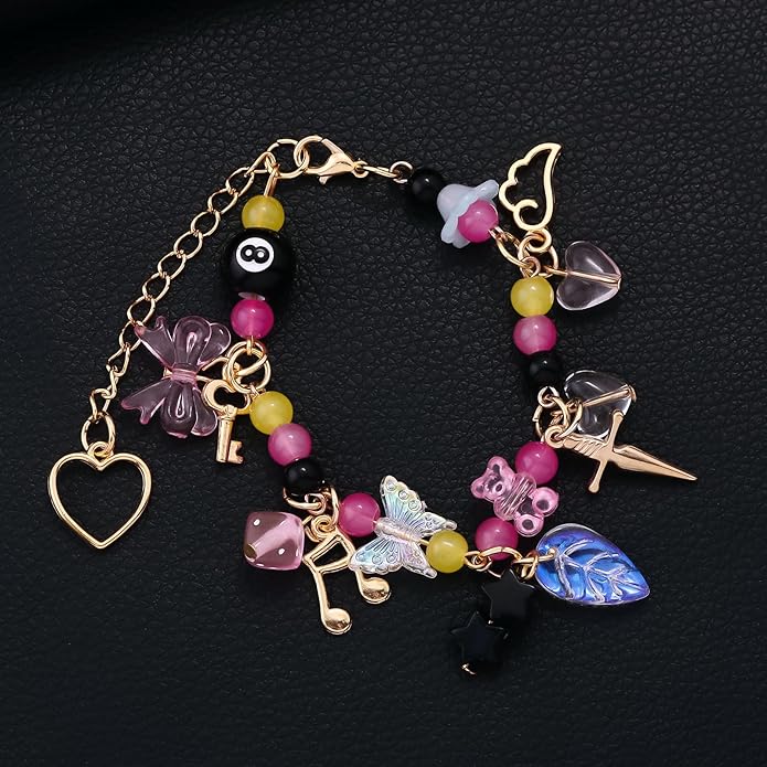 Black 8 Ball Charm Bracelet - Y2K Bow Dopamine Leaf Star Bracelets - Gift for Sister Bestie Friend