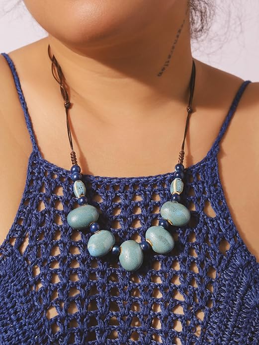 MINACHI Bohemian Hippie Colorful Ceramic Geometric Bead Strand Necklace, Vintage Boho Statement Jewelry Gift for Women