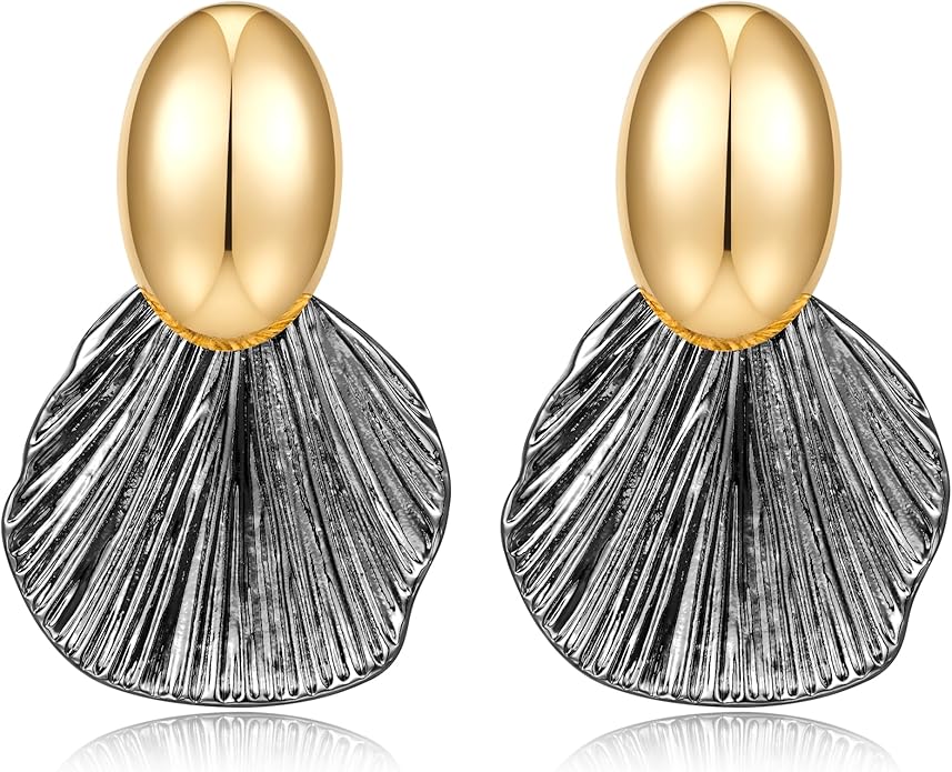 Gold Plated Earrings Dangle Chunky Fan-shaped Earrings Shell Earring for Women Two-Tone Fashion Statement Jewelry