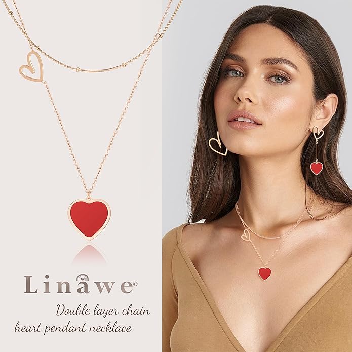Linawe Layered Choker Heart Pendant Necklace for Women Trendy, Gold/Silver/Rose Gold Chain Stainless Steel Stacked Necklaces, Double Heart Necklace Y2K Preppy Jewelry