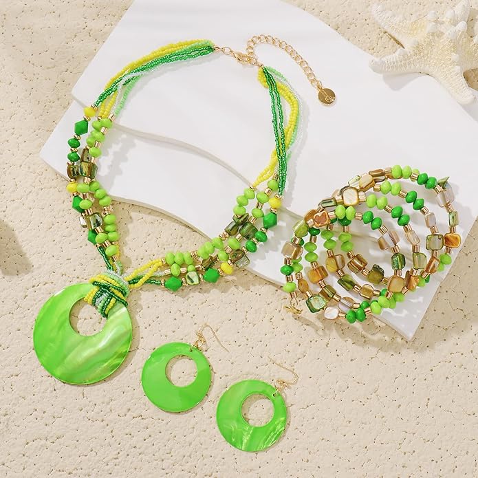 Jewelry Sets for Women 4 Pcs Chunky Beaded Mrs Roper Costume Jewelry for Women Boho Multi Strand Colorful Shell Necklace for Women