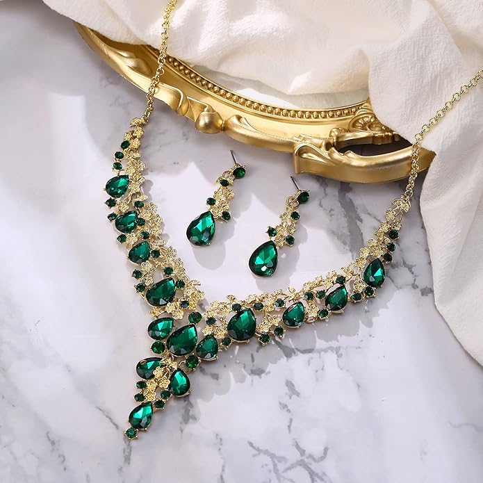 BriLove Women's Wedding Bridal Austrian Crystal Teardrop Flower Cluster Statement Necklace Dangle Earrings Jewelry Set for Party Prom