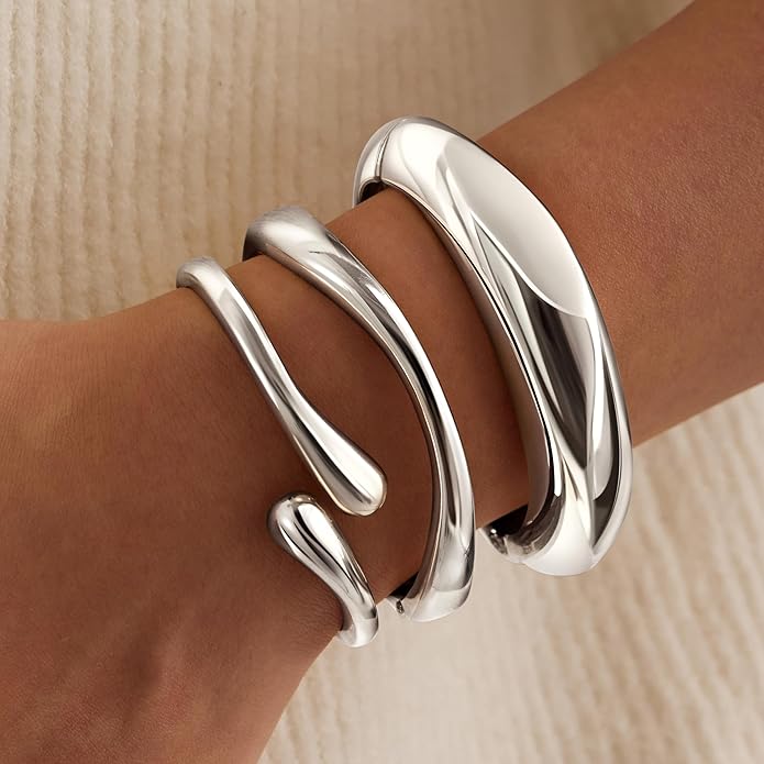 Chunky S925 Sterling Silver Plated Bangle Bracelets Stack for Women, Thick Statement Silver Plated Stackable Bangle Cuff Bracelets Set,Trendy Big Large Gold Bracelet Stacked Fashion Jewelry Gifts Non Tarnish