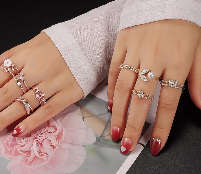 TAMHOO 9/12/15/16 Pcs Open Rings Set for Women with Sparkling Cubic Zirconia- Finger Rings Pack Stackable Rings for Teens,White Gold/Rose Gold/Gold Tone Rings for Girls