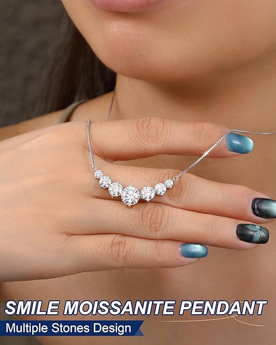 TUHE 7 Stones Moissanite Necklace for Women, 1.7-5.0 Carat Smile Moissanite Pendant Necklace 18k Gold Plated Sterling Silver 16.5+2.5 inch Box Chain Tennis Necklaces with Certificate of Authenticity