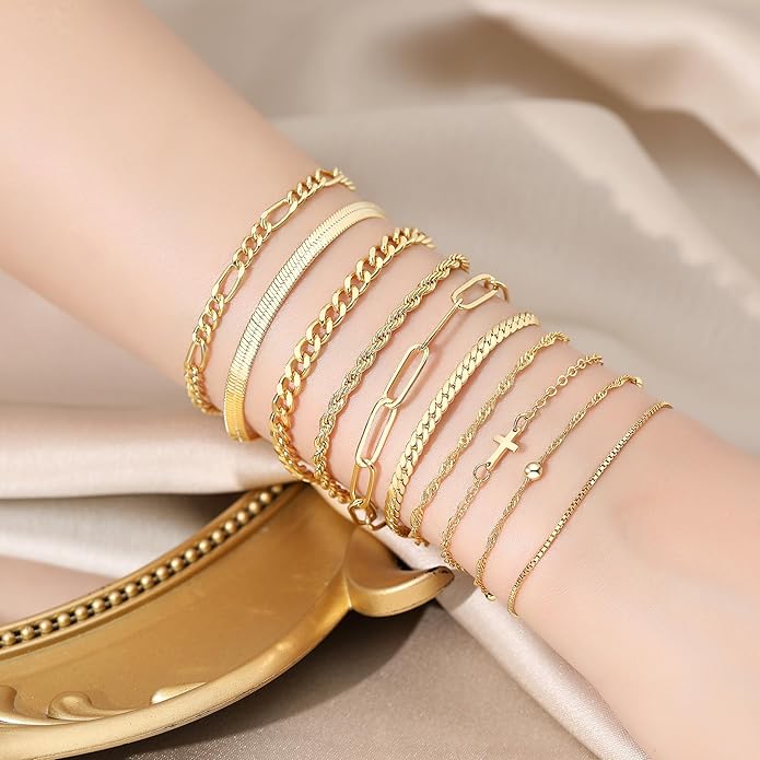 XIANNVXI 10pcs Rose Gold/Gold/Silver Bracelets Stack for Women Dainty Thin Rose Gold Bracelets Set Silver Chain Bracelet Paper Clip Stackable Figaro Herringbone Paperclip Bracelet Pack for Womens