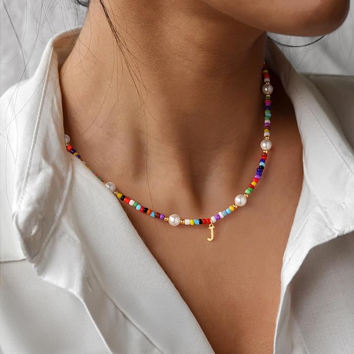 M MOOHAM Valentines Day Gifts for Kids Teen Girls - Colorful Initial Necklaces for Girls Women Kids, Beaded Pearl Choker Necklace for Women Trendy, Birthday Gifts Teenage Girl Teen Kid Jewelry