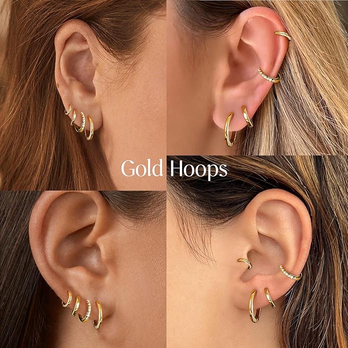 Small Gold Huggie Hoop Earrings Set for Women Men Hypoallergenic 14K Plated Stack Cartilage Earrings, Multiple Piercing Lightweight Mini Thin Cute Dainty Trendy Jewelry Set Christmas Gifts for Women