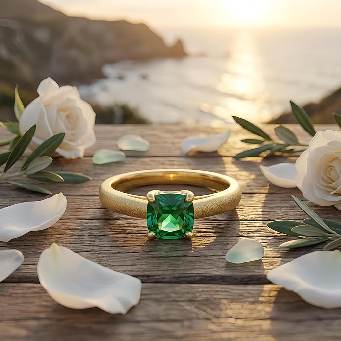 14K Gold Emerald Square Cut Solitaire Ring for Women | Elegant Engagement, Wedding, Anniversary, Birthday Fine Jewelry | Classic 14 Karat Gold Setting