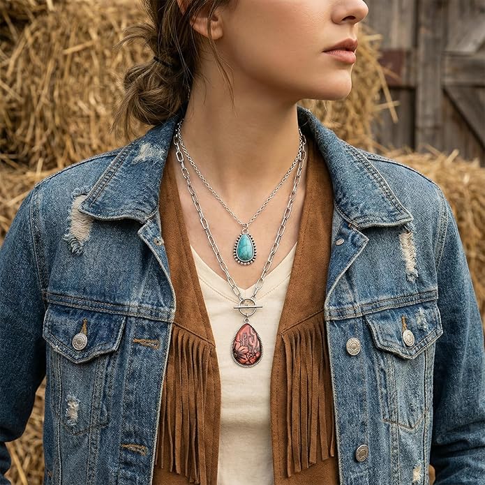 2 Pcs Western Necklaces for Women Silver Plated,Layered Boho Cowgirl Necklace Set with Teardrop Pendant,Turquoise Necklace,Western Jewelry for Women Rodeo Country Concert Jewelry Accessories
