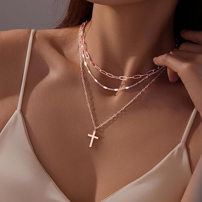 Layered Gold Necklaces for Women, Stackable Dainty 14K Gold Silver Plated Trendy Simple Heart Diamond Cross Bow Circle Pendant Paperclip Choker Dot Chain Necklace,Jewelry Set Gifts for Women