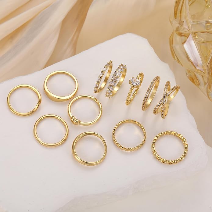 FAXHION 12 PCS Dainty 14K Gold Rings for Women, Eternity Open Chunky Twist Simulated Diamond Criss Cross Designs, Non Tarnish Gold Plated Stacking Thumb Ring, Perfect for Wedding Bands Size 5-11