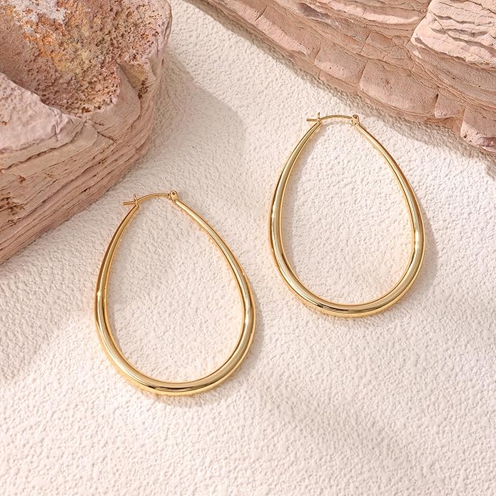 Gacimy Chunky Hoop Earrings for Women, 14K Gold Plated Oval Hoop Earrings with 925 Sterling Silver Post