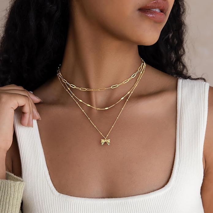 Layered Gold Necklaces for Women, Stackable Dainty 14K Gold Silver Plated Trendy Simple Heart Diamond Cross Bow Circle Pendant Paperclip Choker Dot Chain Necklace,Jewelry Set Gifts for Women