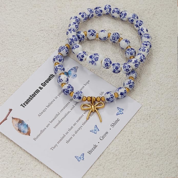 Butterfly Charm Bracelet Set - Blue and White Porcelain Beaded, Adjustable Vintage Stretch Bracelets for Women, Handmade Dainty Jewelry Gift