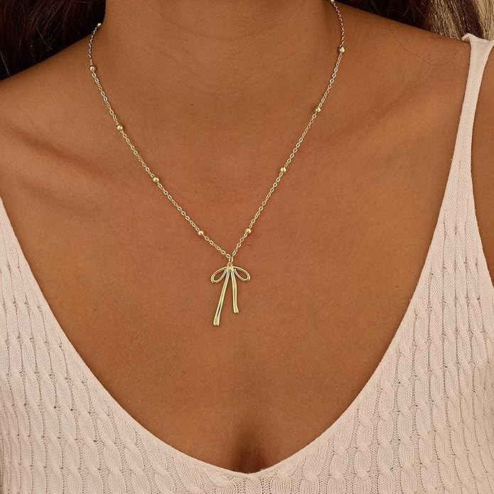 Valentines Day Gifts for Her - Dainty Bow Necklace for Women 14K Gold Plated Cute Choker Small Pendant Charm Necklaces Teen Gift Trendy Stuff Personalized Jewelry