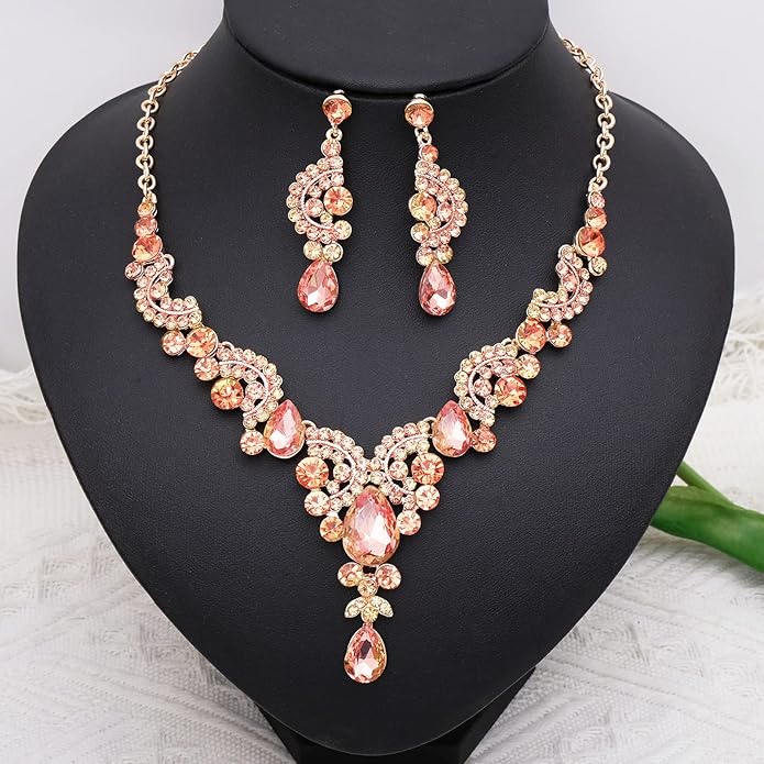 CSY Elegant Crystal Necklace Earrings Bracelet Ring Bridal Wedding Party Costume Jewelry Sets for Brides Women