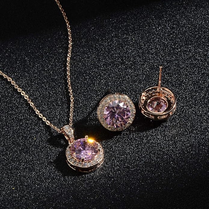 Bridal Crystal Jewelry Set - Sterling Silver Round Cubic Zirconia CZ Rhinestone Halo Birthstone Pendant Necklace Stud Earrings Set for Wedding Bride Bridesmaids Birthday Gift