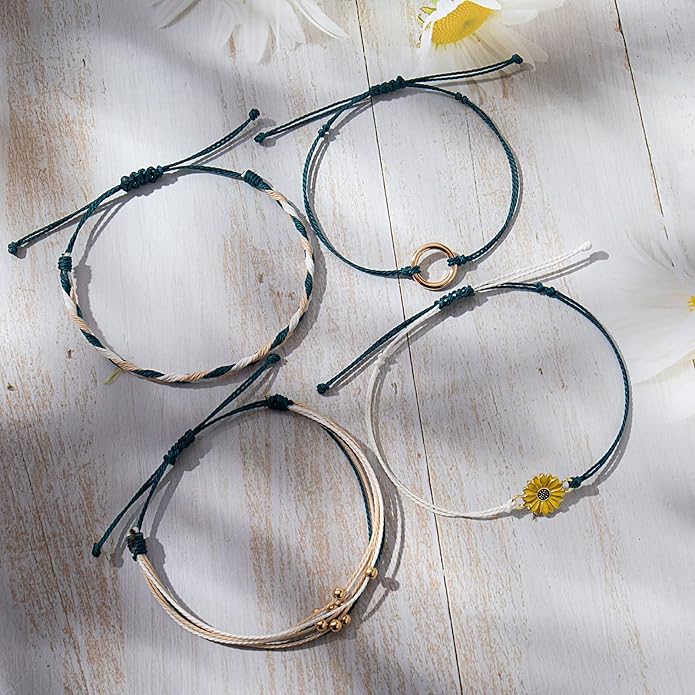 FANCY SHINY Sunflower String Bracelet Boho Braided Rope Wrap Bracelets Cute Summer Beach Surfer Jewelry for Women