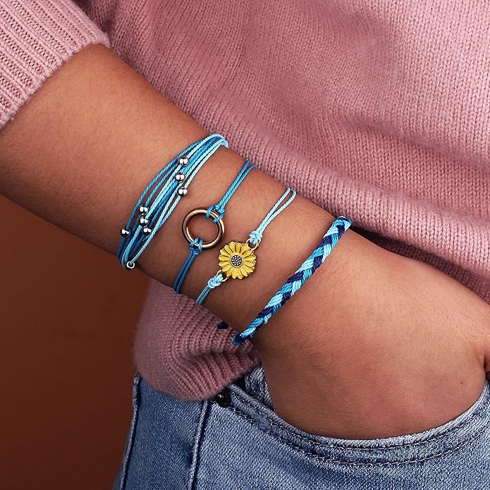 FANCY SHINY Sunflower String Bracelet Boho Braided Rope Wrap Bracelets Cute Summer Beach Surfer Jewelry for Women