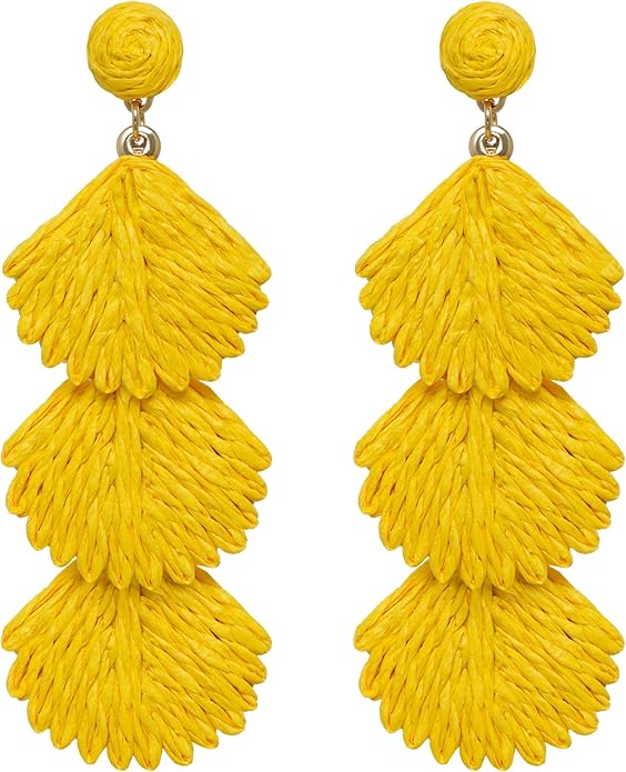 Raffia Dangle Earrings for Women - Boho Statement Rattan Drop Jewelry with Shell Design, Lightweight Summer Beach Trendy Accessories