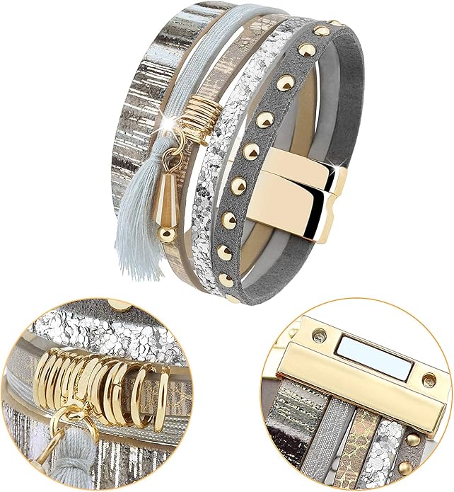 Wowanoo 3Pack Leather Cuff Bracelet Set Multilayer Wrap Bracelet Crystal Feather Tree Bracelet Magnetic Clasp Bracelet for Women