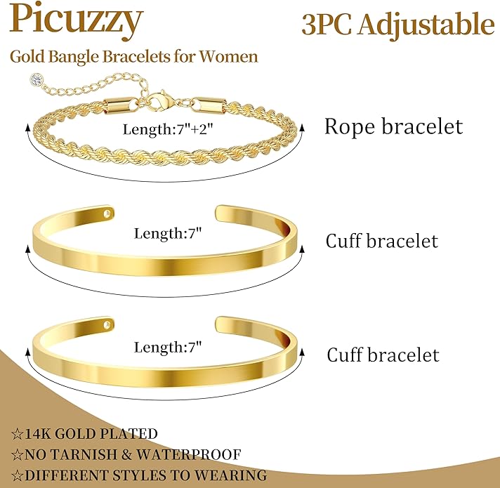 Gold Bangle Bracelets for Women, Non Tarnish Dainty 14K Gold Plated Cuff Bracelets Stackable for Women,Waterproof Bracelet Stack Gold Jewelry Gifts Trendy Adjustable Accessories