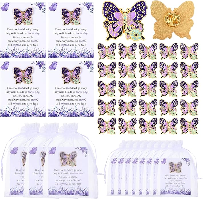 Funeral Favors for Guest Celebration of Life Favors Butterfly Pins Brooches Organza Bags Thank You Cards for Memorial Party Supplies Guest Family Friends Return Favors Funeral Gifts