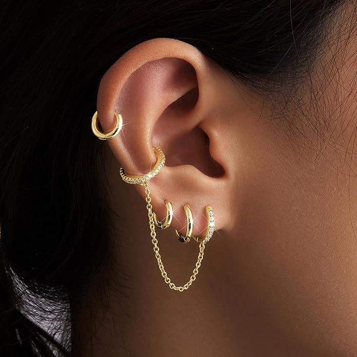 Small Gold Huggie Hoop Earrings Set for Women Men Hypoallergenic 14K Plated Stack Cartilage Earrings, Multiple Piercing Lightweight Mini Thin Cute Dainty Trendy Jewelry Set Christmas Gifts for Women