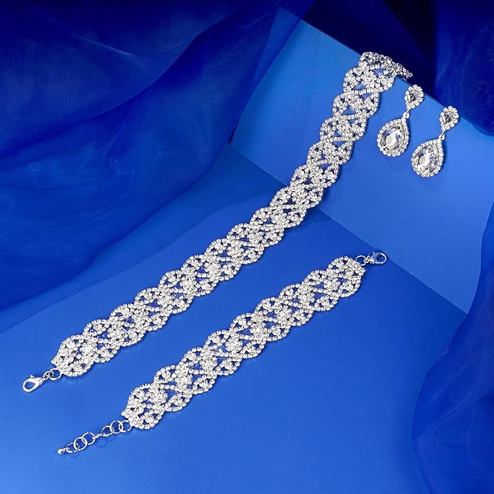 3/4 Pieces Women Jewelry Set Artificial Rhinestone Crystal Bride Statement Choker Necklace Tiara Crown Link Bangle Bracelet Teardrop Dangle Earrings Set