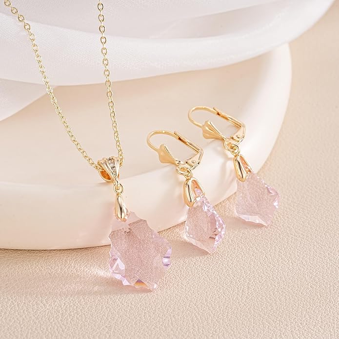 EVEVIC Austrian Crystals Baroque Pendant Necklace Earrings for Women 14K Gold Plated Hypoallergenic Leverback Drop Dangle Earrings Jewelry Set