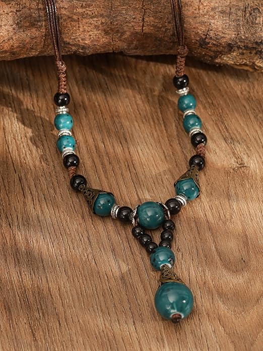 MINACHI Vintage Bohemian Ethnic Colorful Ceramic Bead Long Y Necklace, Hippie Boho Summer Fashion Jewelry Gift for Women