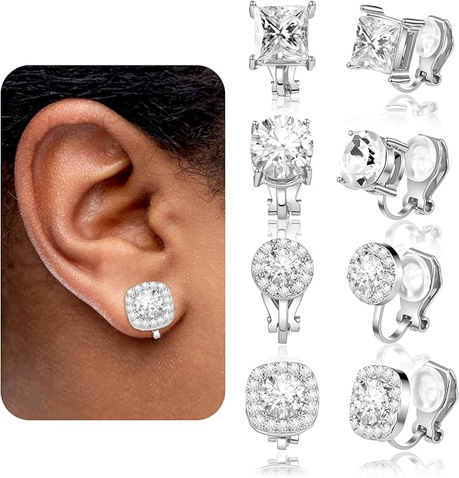 4 Pairs Cubic Zirconia Clip Earrings for Women Dance Competition - Non Pierced Diamond Clip On Earrings studs for Men