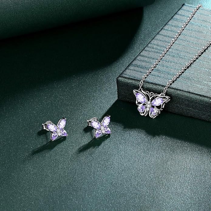 925 Sterling Silver Birthstone Butterfly Jewelry Women Crystal Animal Cute Butterflies Birthday Necklace/Earring/Ring/Bracelet Sets Birth Stone Statement Anniversary Jewellery