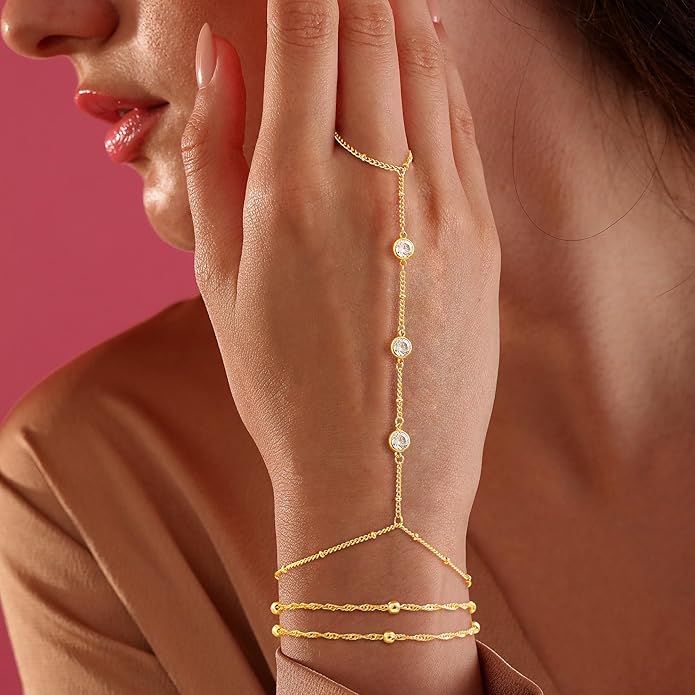 Valentine Gift 14K Gold Plated Hand Chain Bracelet for Women Trendy, 2 Pcs Stackable Gold/Silver Finger Ring Bracelet Hand Chain Dainty Non Tarnish Waterproof Set Jewelry Adjustable 7'+2