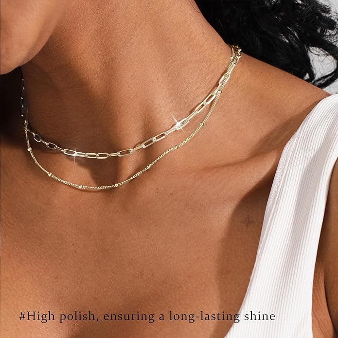 3PCS Gold Necklaces for Women,Chunky Statement Gold Plated Necklace Stack Layered Sterling Silver Herringbone Chains for Women Dainty Trendy Silver Chains Stacked Jewelry Gifts