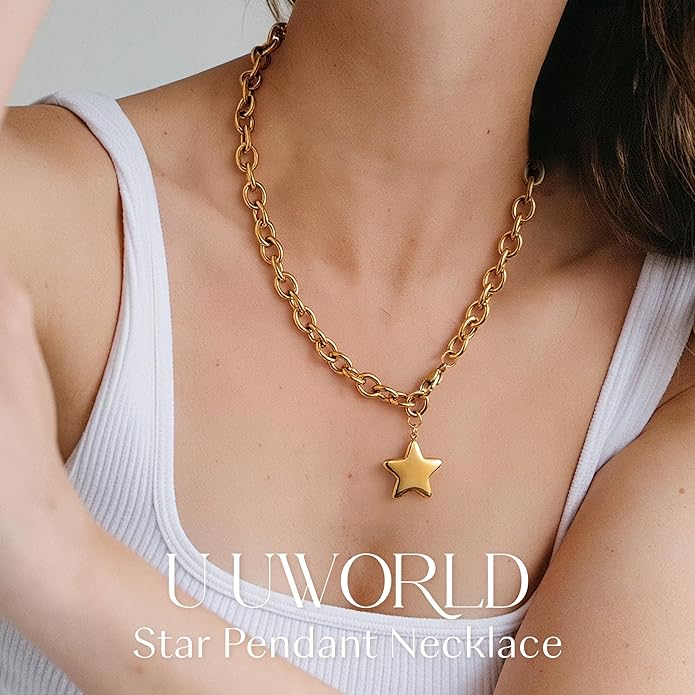 Chunky Gold Necklace with Star Pendant for Women,18K Gold Plated Stainless Steel Sweatproof Non Tarnish Hypoallergenic Chain,Trendy Chunky Necklaces for Women,Star Necklace Fashion Statement Jewelry