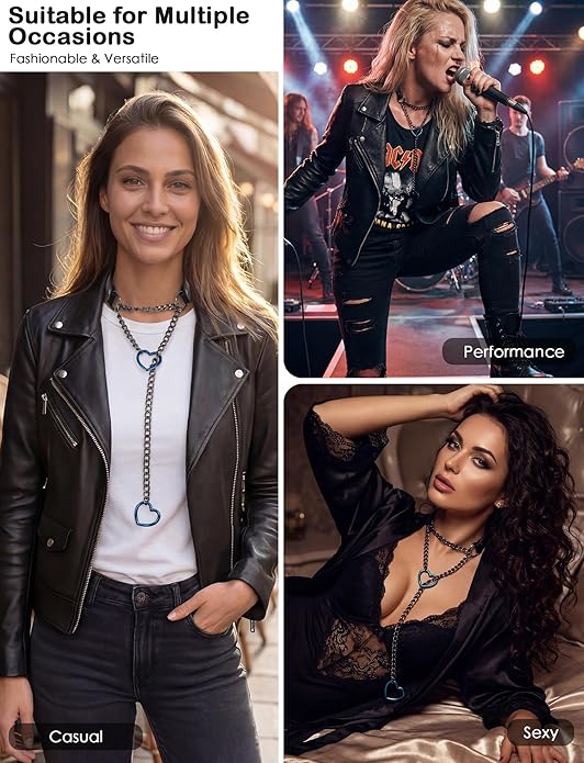 FEOYA Black Leather Heart Choker Necklace for Women Punk Gothic O-Ring Slip Chain Collar with Adjustable Buckle