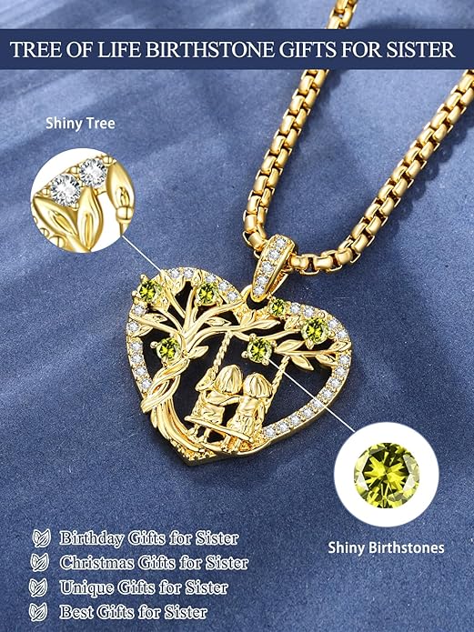 14K Gold Tree of Life Necklace for Sister Christmas Gifts from Sister,Heart Jewelry with Birthstone Pendant for Women Female Friendship Forever My Friend