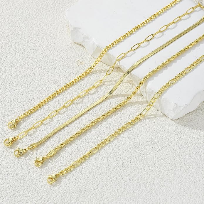 iF YOU Gold Ankle Bracelets for Women, 14k Gold Plated Waterproof Cuban Link Chain Anklets Set, Layered Anklet Bracelets for Women Beach Gift Adjustable Size 5pc