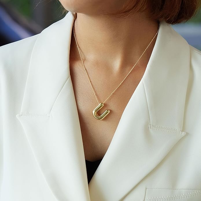 Inerney Valentines Day Gifts Gold Bubble Letter Necklace Initial Necklaces for Women, Chunky 14K Plated Balloon Initials, Trendy Charm Non Tarnish Custom Name Pendant Jewelry Gifts for Mom