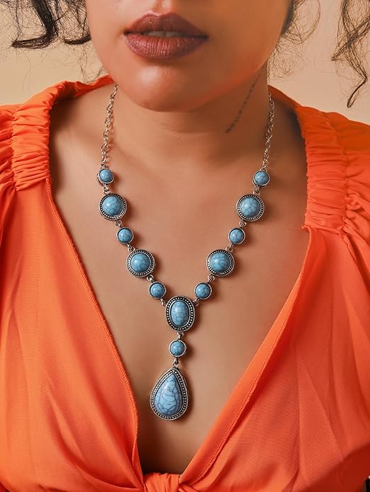 MINACHI Bohemian Created Turquoise Beaded Y-Necklace, Turquoise-toned Multi-shaped Pendant, Dainty Elegant Jewelry for Women