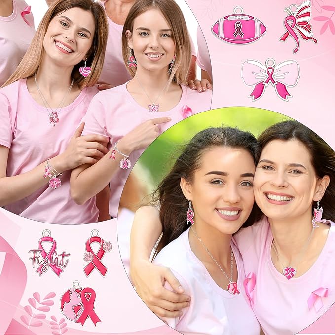 MARFOREVER 40 Pcs/20 Pairs Breast Cancer Awareness Charms, Pink Ribbon Charm Hope Ribbon Pendants for Bracelet Necklace Earrings Making Accessories for Jewelry Making