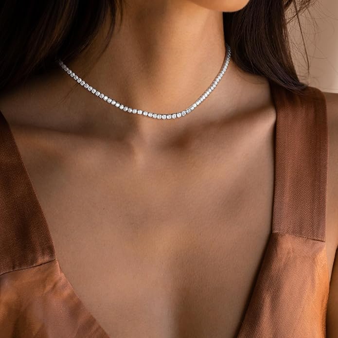 Tennis Necklace for Women, 14K Gold/Silver Plated Rhinestone Choker Necklace for Women, Dainty Cubic Zirconia Cut Faux Diamond Chain