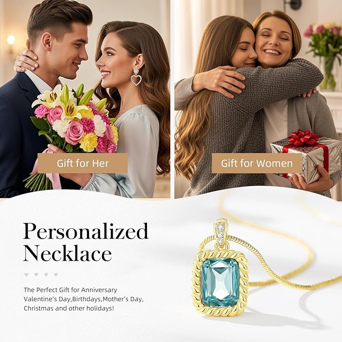 Valentine's Day Gifts for Her-18K Gold Plated Dainty Square Crystal Birthstone Necklace,Gold Jewelry for Women,Anniversary Birthday Gifts for Women Her Wife Girlfriend Mom Womens Necklace Jewelry